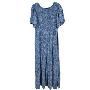 Zesica Dress Blue White Boho Tier Smocked Maxi Prairie Cottagecore Flutter Large